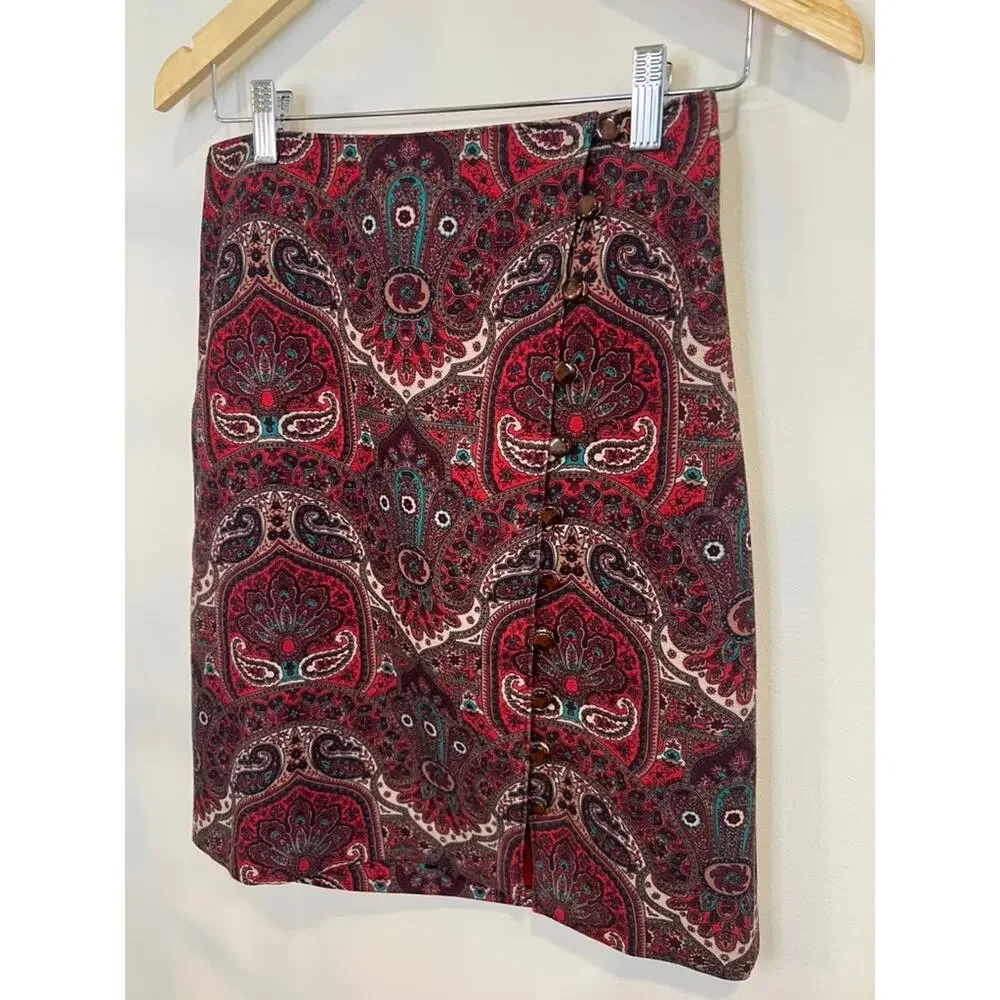 Talbots Paisley Skirt Petite 6 Boho Button Front Mini Skirt Fall Outfit Chic - Picture 2 of 5